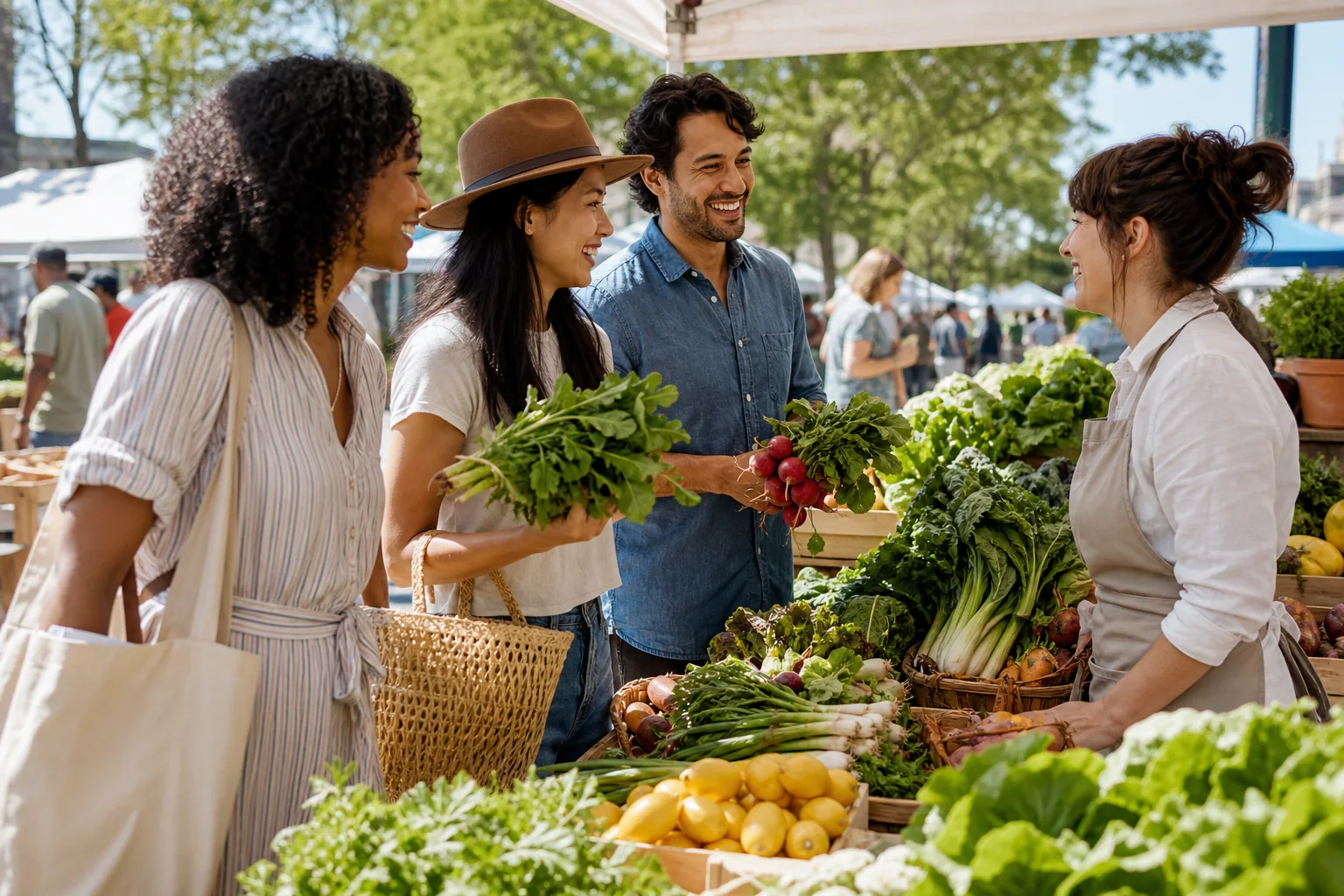 Friends talking with a stallholder at a neighbourhood farmers market.