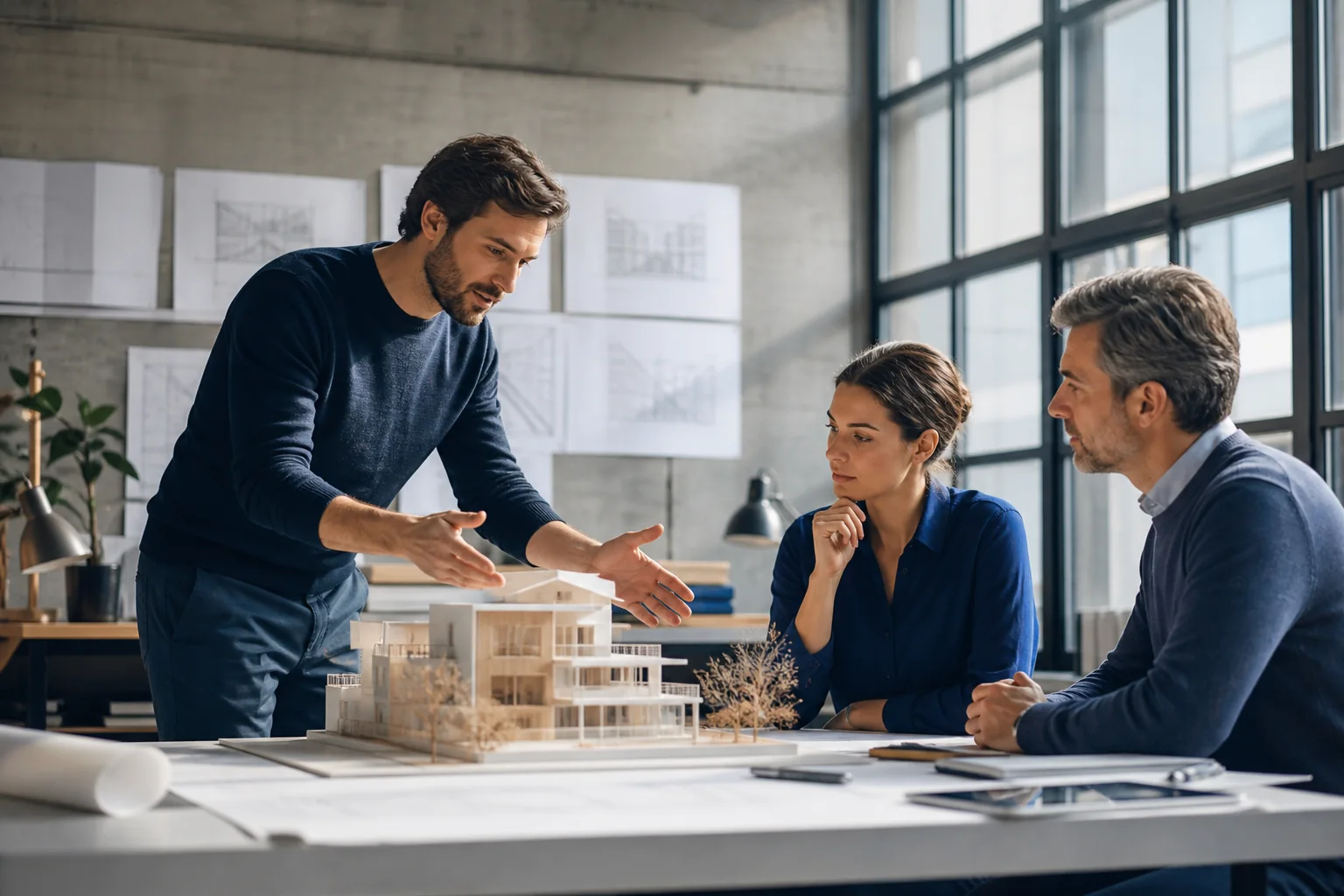An architect presenting a model to two colleagues.