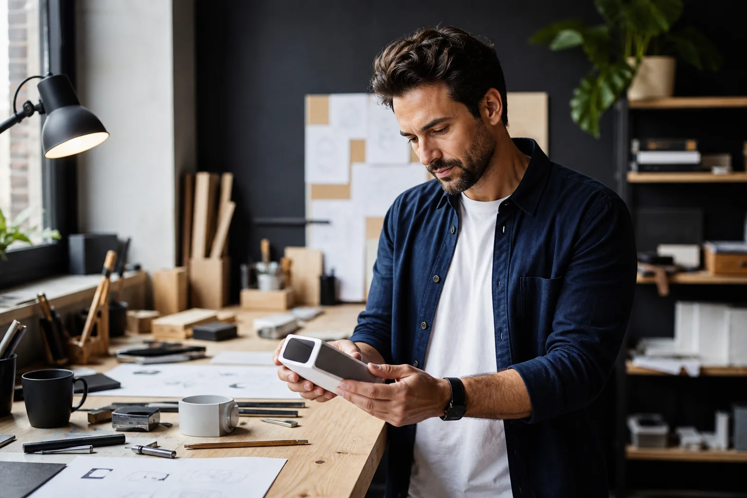 A product founder reviewing a prototype at a workshop bench.
