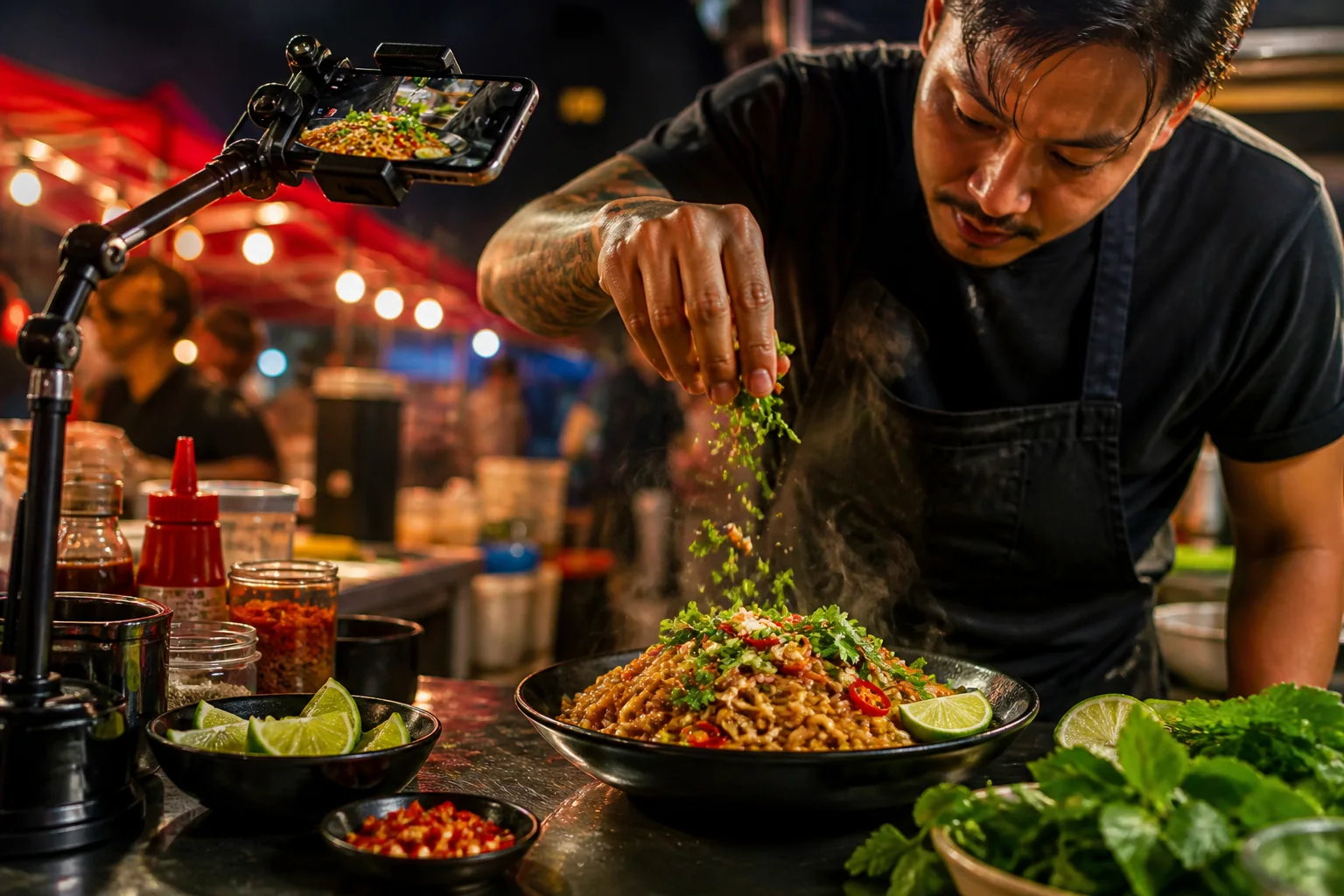 A street-food chef filming the final touches on a noodle dish.