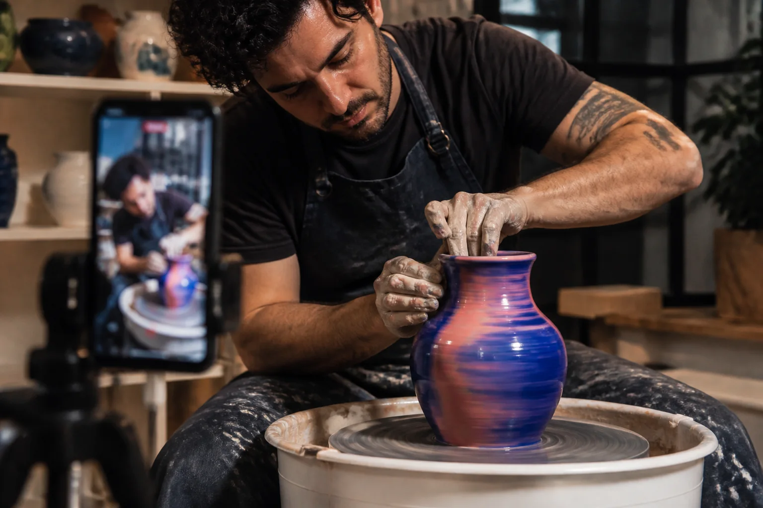 A ceramic artist filming the making of a colourful vessel.