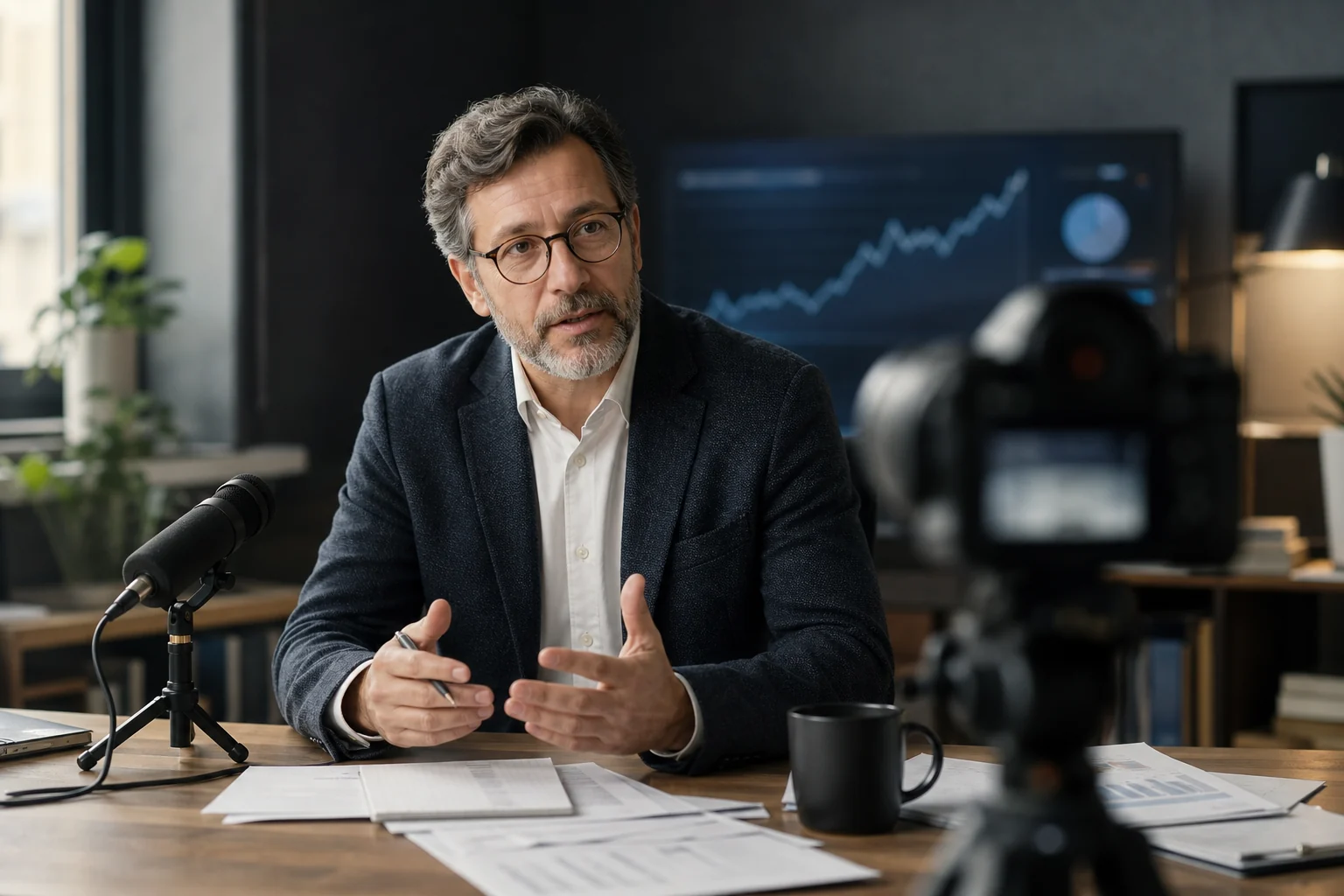 An industry analyst recording concise video commentary in a home studio.