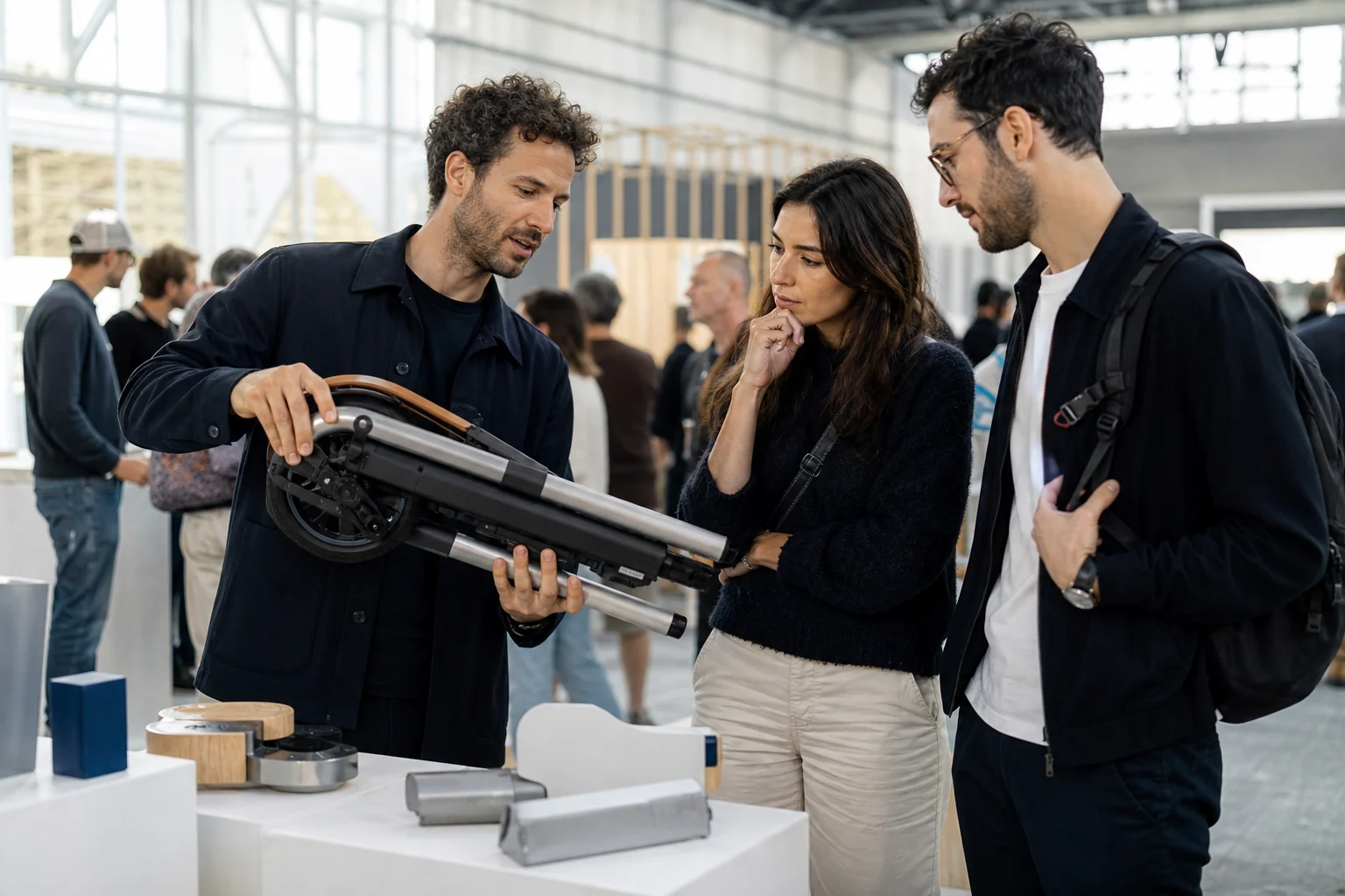 A product designer demonstrating a compact commuter product at a modern design fair.