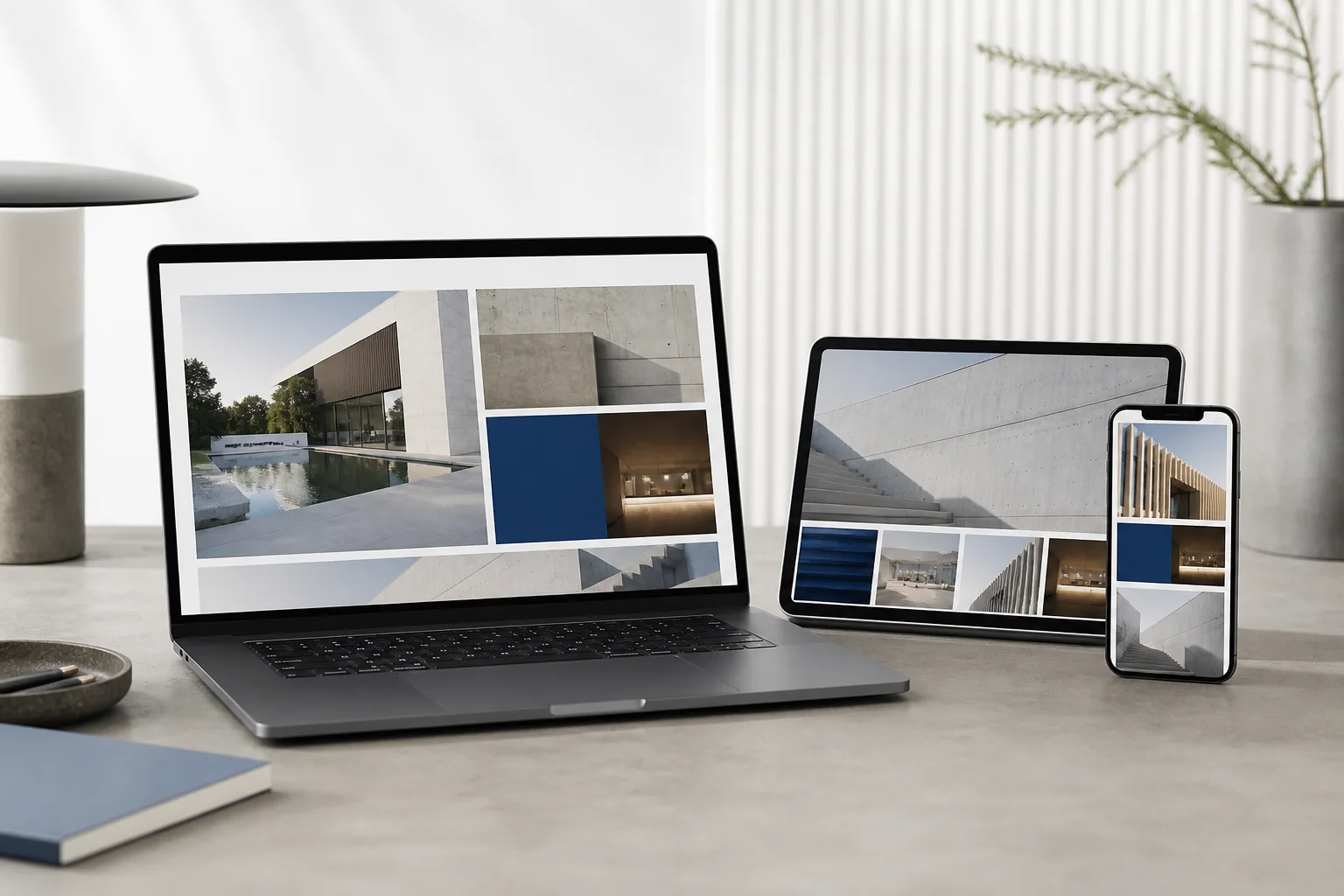 A modern business website displayed on desktop, tablet, and mobile devices.